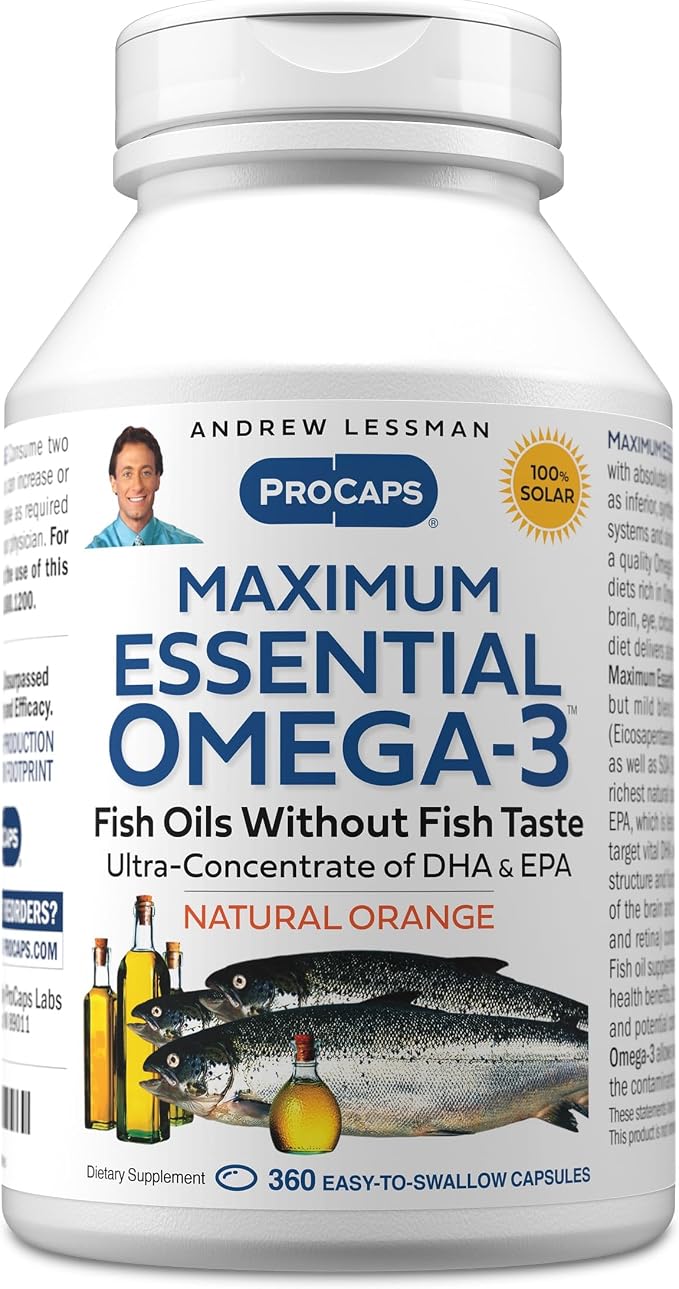ANDREW LESSMAN Maximum Essential Omega-3 Orange - 360 Softgels - Ultra-Pure, High Potency Omega-3 Oils. High DHA, No Stomach Upset, No Contaminants, No Mercury. Small Easy to Swallow Softgels