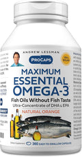 ANDREW LESSMAN Maximum Essential Omega-3 Orange - 360 Softgels - Ultra-Pure, High Potency Omega-3 Oils. High DHA, No Stomach Upset, No Contaminants, No Mercury. Small Easy to Swallow Softgels