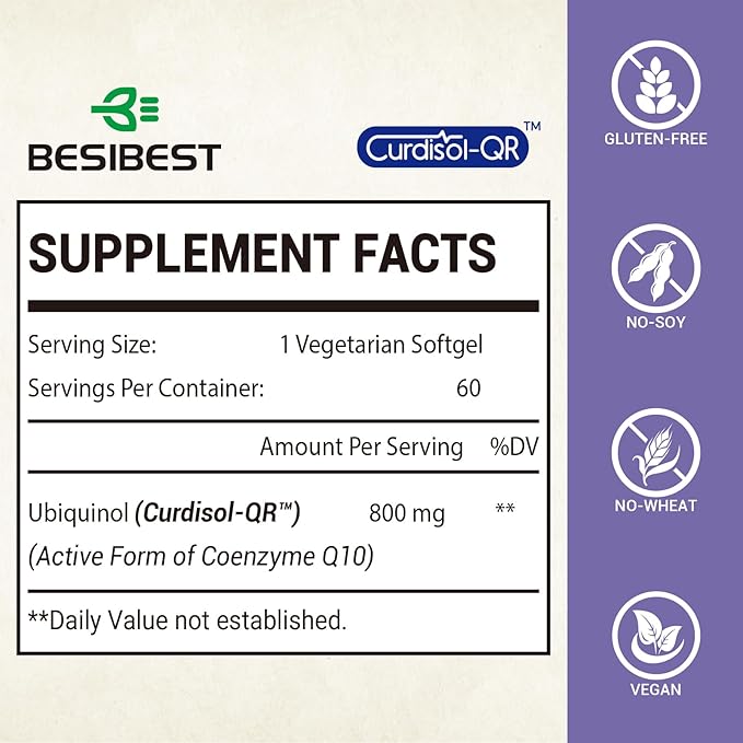 Liposomal Ubiquinol CoQ10 800 MG Softgel, High Absorption CoQ10 Ubiquinol Supplement, Active Coenzyme Q10 800mg, Powerful Antioxidant for Heart & Brain Function, Energy Production, 60 Vegan Softgels