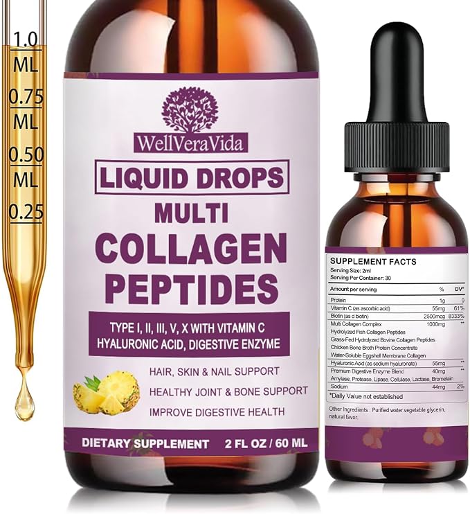 Liquid Collagen Peptides - Types I, II, III, V, X, Multi Collagen Complex | Hydrolyzed Collagen Drops for Women Men, Hair, Skin, Nails Support, Collagen Supplement w. Hyaluronic Acid, Biotin, Vitamin C