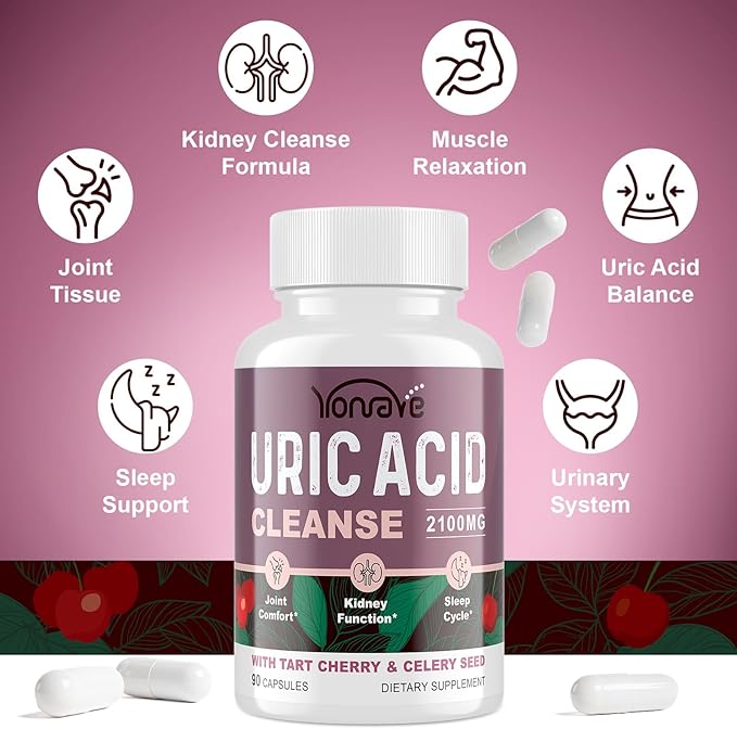Uric Acid Cleanse & Detox with Tart Cherry, Celery Seed Uric Acid Supplement – Uric Acid Levels, Joint, Kidney and Sleep – 90 Veggie Capsules（2 Bottle）