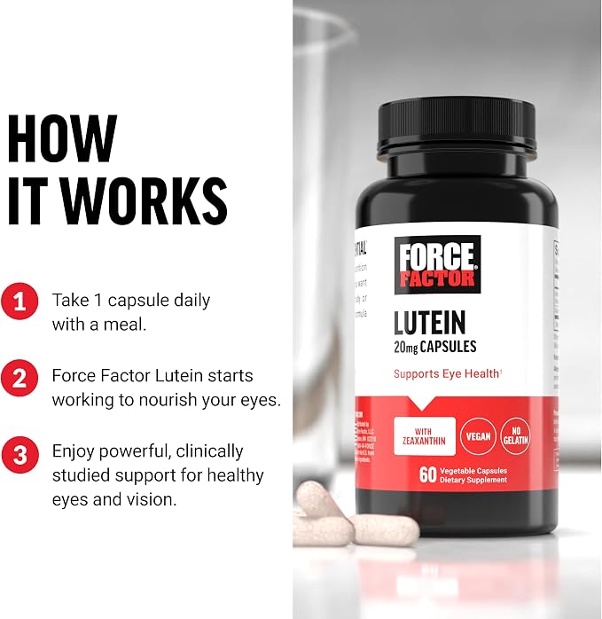 Force Factor Lutein and Zeaxanthin Supplements, Eye Vitamins with Lutein 20mg, Eye Health Supplements for Adults, Ingredients Backed by Science, Vegan, Gelatin Free, 60 Vegetable Capsules