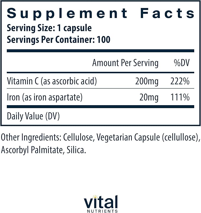Vital Nutrients Iron Plus C - Vegan Iron Supplement - 20mg Fe with 200mg Vitamin C to Increase Fe and Energy Levels - Gluten, Dairy, Soy Free - Non-GMO - 100 Capsules