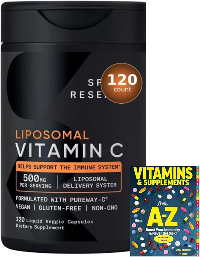 Adventure Home Sports Liposomal Vitamin C 500mg High Absorption Pure-Way C - Certified Vegan, Non-GMO, Gluten Free Antioxidant & Immune Support - 120 Count + Exclusive Vitamin Guide