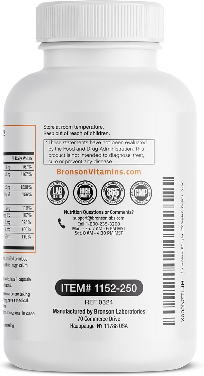 Bronson Vitamin B Complex with Vitamin C - Immune Health, Energy Support & Nervous System Support - Non-GMO, 250 Vegetarian Capsules