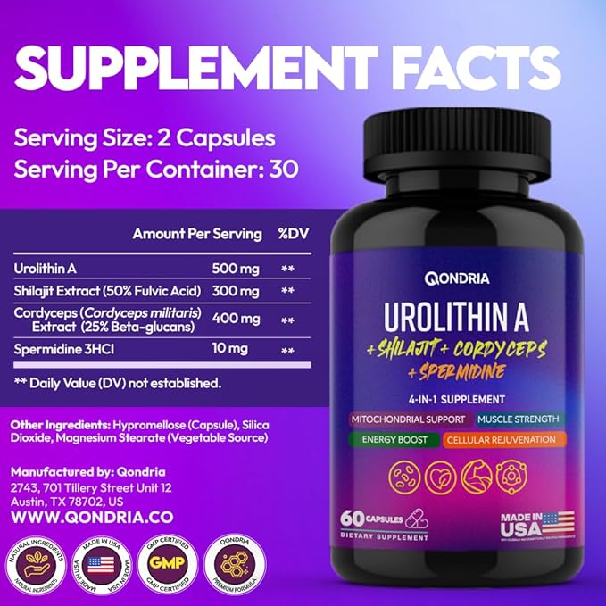 Urolithin A Supplement 500mg with 4-in-1 Power Blend of Spermidine 10mg, Shilajit 300mg & Cordyceps 400mg Per Serving - Boosts Cellular Energy, Strength, Longevity, Immunity & Healthy Aging