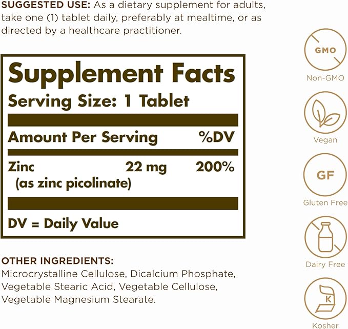 Solgar Zinc Picolinate 22 mg, 100 Tablets (Pack of 3) - Promotes Healthy Skin - Supports Immune System, Normal Taste & Vision - Antioxidant - Non-GMO, Vegan, Gluten Free, Kosher - 300 Total Servings