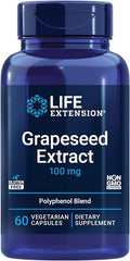 Life Extension Grapeseed Extract, Vitamin C, Calcium, resveratrol, polyphenols, Cardiovascular Health, antioxidant Protection, Gluten-Free, Non-GMO, Vegetarian, 60 Capsules