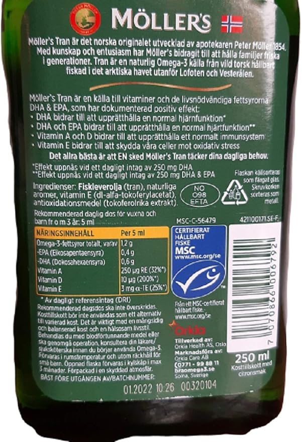 Möllers Tran Cod Liver Oil 250 ml/ 8.45 fl oz | Citron Flavor | Omega-3 | Fish Liver Oil