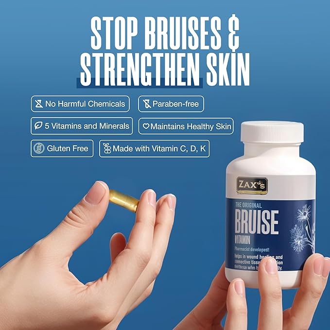 ZAX'S Bruise Vitamin Pharmacist Developed Bruising Supplements Potent Bruising Swelling Reducer, Zinc, Vitamin K, D3, Ascorbic Acid, Citrus Bioflavonoids, 60 Caps, Combine Arnica Bruise Cream