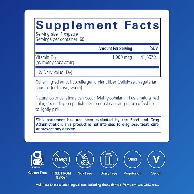 Pure Encapsulations Methylcobalamin 1,000 mcg - Vitamin B12 Supplement to Support Memory & Nerve Health - Premium Vitamin B12 Capsules - 60 Capsules