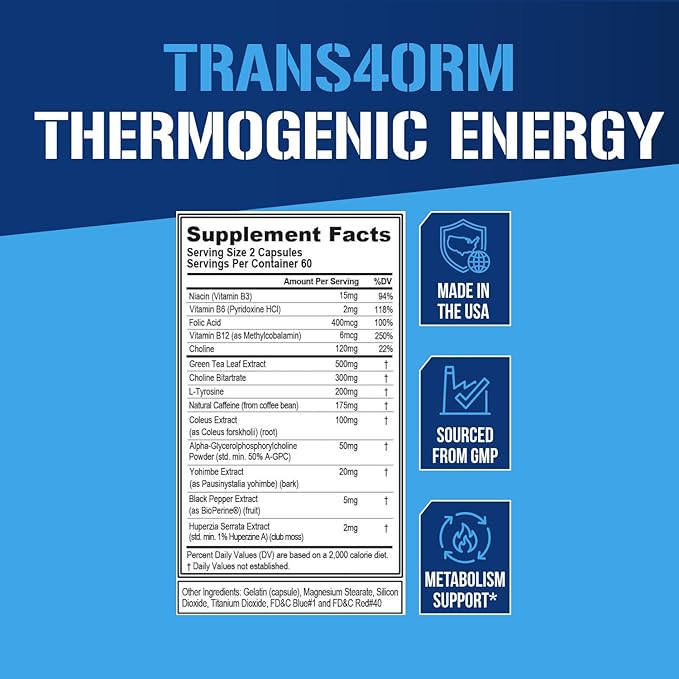 EVL Thermogenic Fat Burner Support - Fast Acting Weight Loss Energy and Appetite Support - Trans4orm Green Tea Supplement for Men and Women - 60 Servings