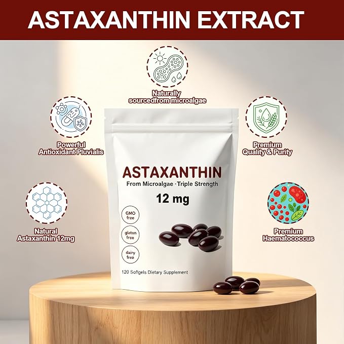 Astaxanthin 12mg Softgels - Premium Astaxanthin from Microalgae, Triple Strength, Immune Support - Non-GMO & Gluten Free 120 Softgels (1)