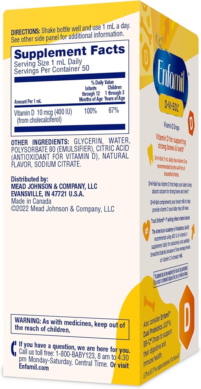Enfamil Baby Vitamin D-Vi-Sol Vitamin D Liquid Supplement Drops for Infants, Supporting Strong Teeth & Bones in Newborn Babies, Easy-to-Use, Gluten-Free, 50 mL Dropper Bottle, Pack of 3