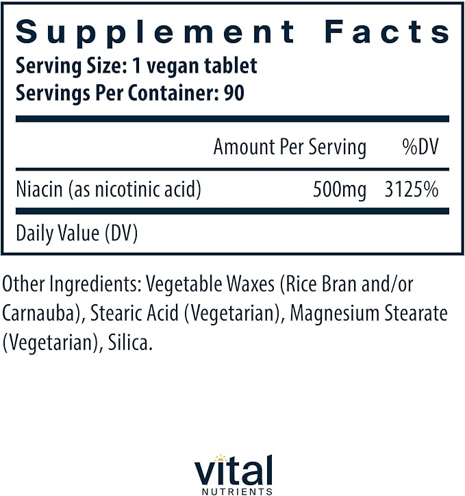 Vital Nutrients Niacin 500mg - Timed-Release Niacin Supplement for Men & Women - Vitamin B3 Supports Heart Health and Protein & Fat Metabolism - Gluten, Dairy, Soy Free - Non-GMO - 90 Tablets
