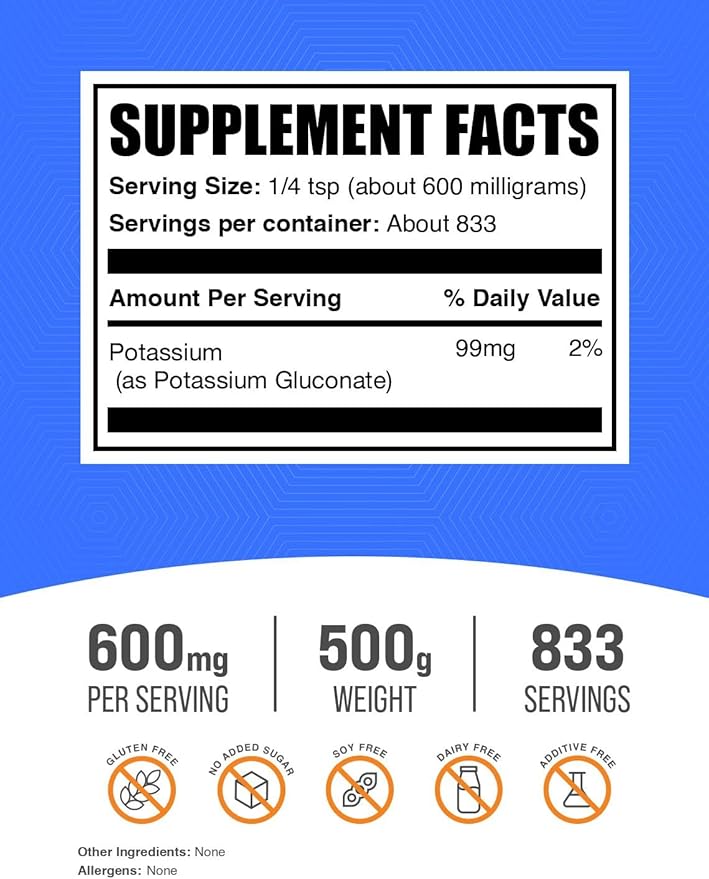 BulkSupplements.com Potassium Gluconate Powder - for Hydration Support, Mineral Supplement, Potassium 99mg - Gluten Free, 600mg per Serving, 500g (1.1 lbs) (Pack of 1)
