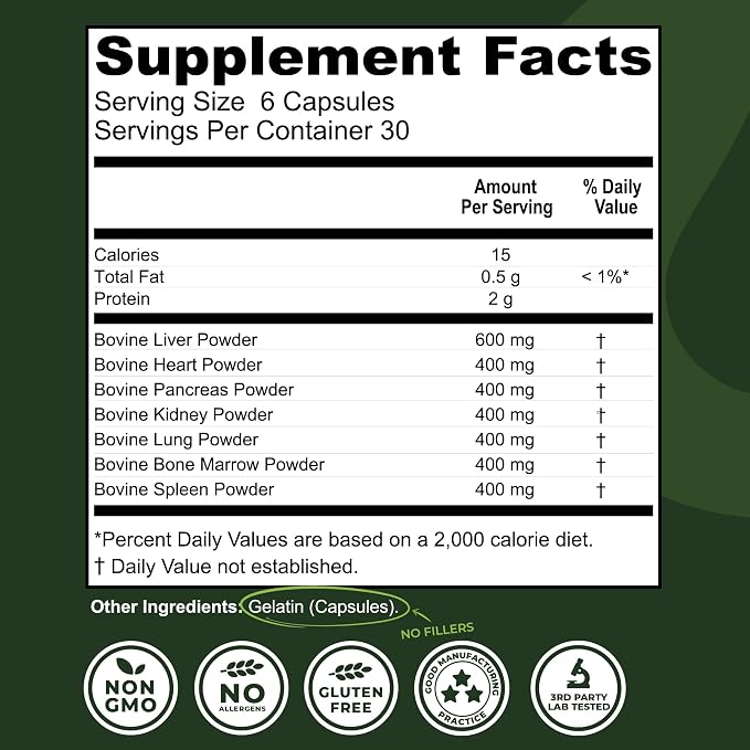 Beef Organ Supplement Grass Fed - 7 Beef Organs Complex from New Zealand - Liver Heart Pancreas Kidney Lung Spleen Bone Marrow - Non-GMO, No Fillers, Hormone & Antibiotic Free - Carnivore Diet - 180ct