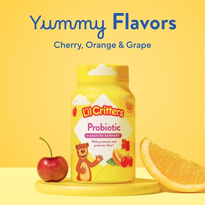 L’il Critters Probiotic Daily Gummy Supplement for Kids, for Digestive Health Support, Grape, Cherry and Orange Flavors, 60 Gummies