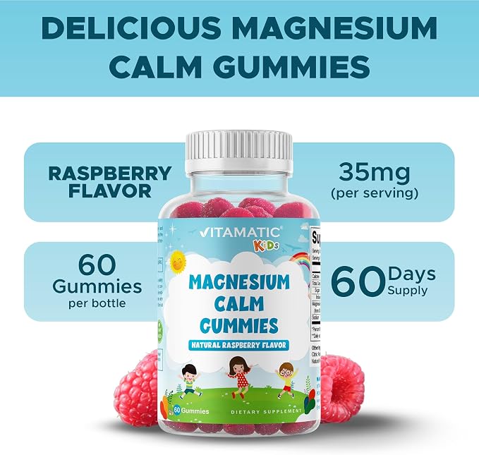 Vitamatic Kids Magnesium Calm Gummies - 60 Vegan Count - Great Tasting - Promote Healthy, Muscle, Bone, & Energy Support