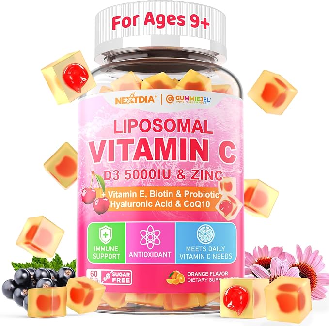 Liposomal Vitamin C 1000mg + D3 5000IU + Zinc Filled Gummies, Folate 800mcg Chewable Supplement, Elderberry for Immune, Hyaluronic Acid, VE, for Beauty, Energy & Overall Health, Sugar Free, Natural ﻿