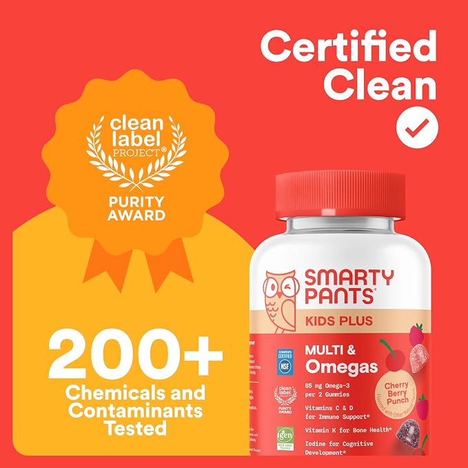 SmartyPants Kids Multivitamin Gummies, Omega 3 (DHA/EPA), Vitamins D3, C, B12, B6, Vitamin A, K & Zinc, Gluten Free, Cherry Berry Punch Flavors, 60 Count (30 Day Supply)
