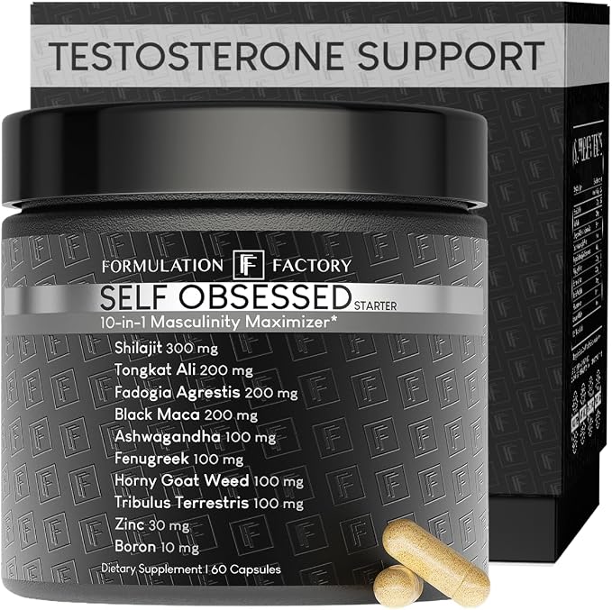 Formulation Factory Self Obsessed Masculine Vitality & Testosterone Support - 10-in-1 Complex with Shilajit, Tongkat Ali, & Fadogia Agrestis - 60 Capsules, 1 Month Supply