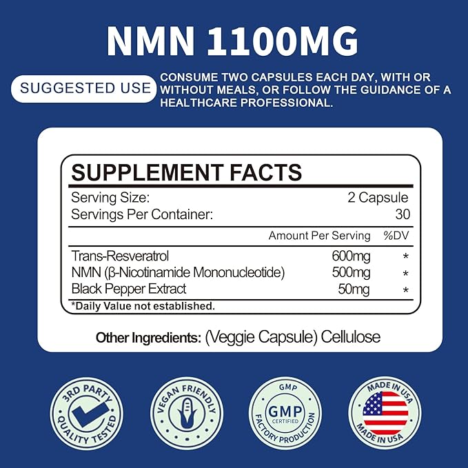 1100mg NMN & Trans-Resveratrol, 3-in-1 Supplement, 60 Veggie Capsules – Supports NAD+ Boost*, Cellular Energy, Immune Function, Muscle Health & Anti-Aging, 30-Day Supply