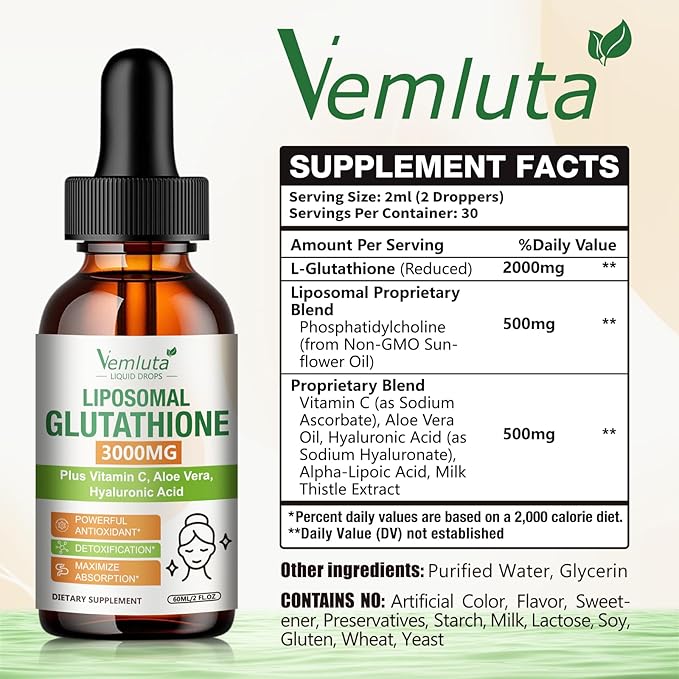 2 Pack 3000mg Liposomal Glutathione Liquid Drops, 98% Absorption Liposomal Glutathione with Vitamin C for Women, Glutathione Liposomal Supplement, Powerful Antioxidant Complex for Immune System, Liver