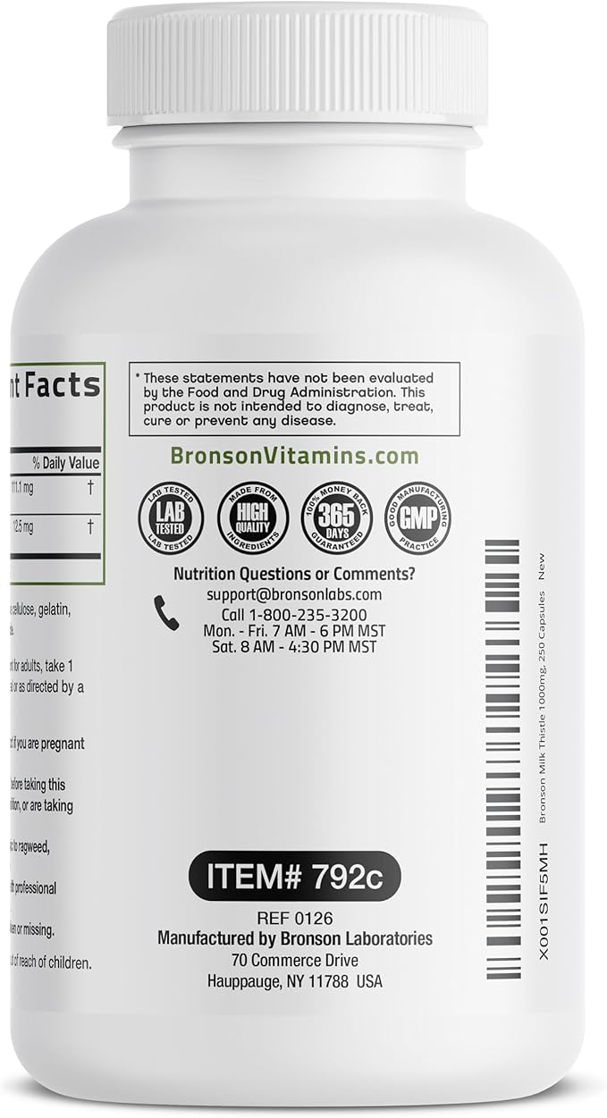 Bronson Milk Thistle Silymarin Marianum & Dandelion Extract Liver Health Support, Antioxidant Support, Detox, 250 Capsules
