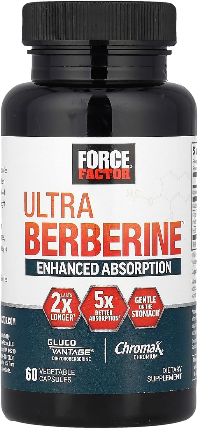 Force Factor Ultra Berberine Enhanced Absorption, with Ceylon Cinnamon, Dihydroberberine & Chromium, 5X Absorption, 2X Longer Lasting, Promote Lean Body Mass, 60 Vegetable Capsules