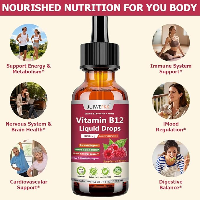 Liquid Vitamin B12 Drops 5000 mcg - Extra Strength B12 Methylcobalamin with B1 B6 B3 Folate Niacin - Fast Absorption Sublingual B-12 Drops for Energy Metabolism & Brain Function, Vegan B Complex