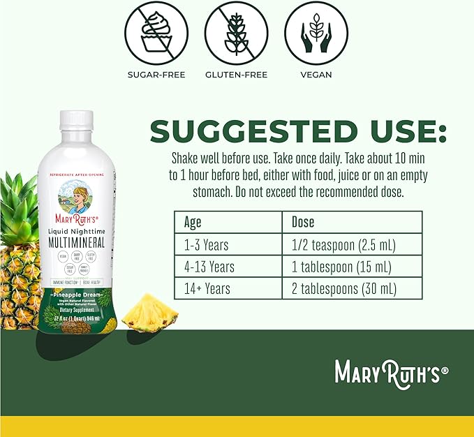 MaryRuth's Liquid Nighttime Multimineral | No Melatonin | Bedtime Routine | Magnesium Citrate | Calcium | Zinc | Vitamin D3| Available in 4 Flavor - Vegan | Sugar Free | Gluten Free | 32 Oz