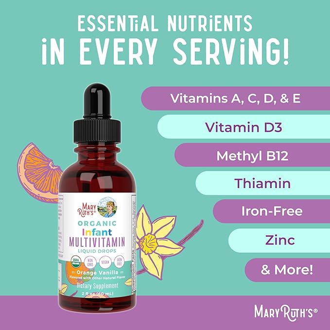 MARYRUTH'S Organics Multivitamin for Infants | USDA Organic | Multivitamin Liquid Drops for Babies 6-12 Months | Immune Support & Overall Wellness | Vegan | Non-GMO | Gluten Free | 2 Fl Oz