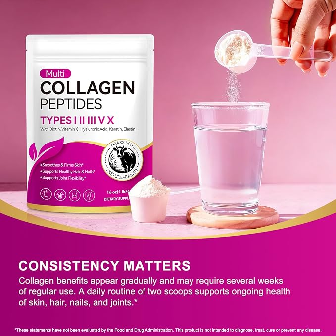 Collagen Peptides Powder, Multi Type I II III V X with Hyaluronic Acid, Biotin & Vitamin C, Unflavored Hydrolyzed Protein, Collagen for Women, Men, Keto & Paleo Friendly, Unflavored, 16 oz
