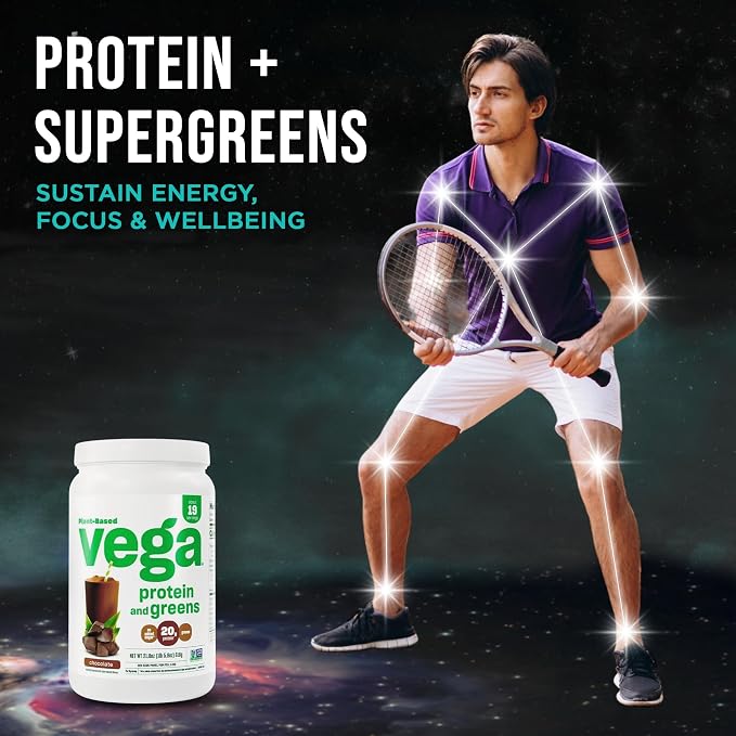 Vega Premium Protein + Supergreens, Chocolate – 20g Vegan Protein, Dairy & Gluten Free, 22.4 oz (19 Servings)