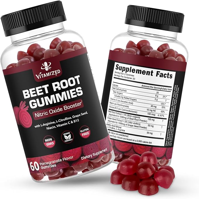 Beet Root Gummies - Super Nitric Oxide Beets Supplement - Red Beetroot Heart Chews with Grape Seed Power & B12- Pomegranate Flavor, 60 Chewables Beets