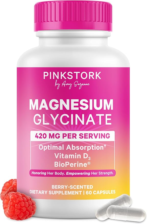 Pink Stork Magnesium Glycinate with Vitamin D - Magnesium Supplement for Women to Support Natural Calm, Mood, and Sleep - Hormone Balance for Women - 60 Capsules, Berry Essence, 1 Month Supply