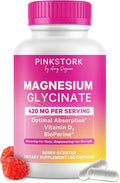 Pink Stork Magnesium Glycinate with Vitamin D - Magnesium Supplement for Women to Support Natural Calm, Mood, and Sleep - Hormone Balance for Women - 60 Capsules, Berry Essence, 1 Month Supply