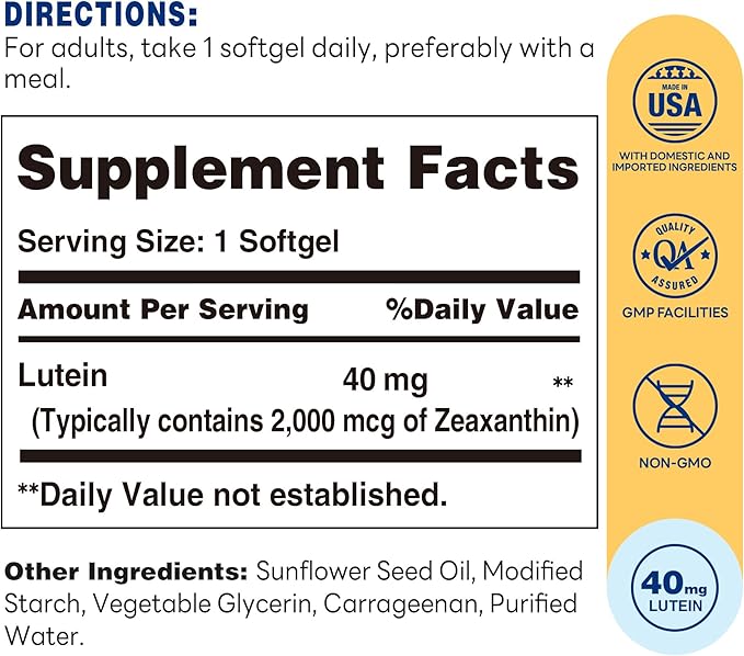Vitamin World Lutein and Zeaxanthin Supplements, 40mg Lutein, Vegetarian Eye Health Supplement, Once Daily to Help Filter Blue Light & Support Vision, Non-GMO, Gluten-Free, 2 Month Supply