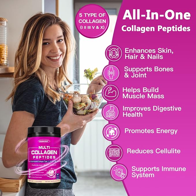 ZEBORA Collagen Peptides Powder 50 Servings - Hydrolyzed Multi Collagen Type I II III V X with Hyaluronic Acid, Biotin, Vitamin C - Support Skin Hair Nail Joints Unflavored, Keto & Paleo Friendly