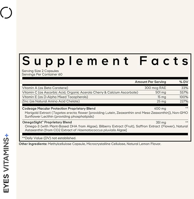Codeage Eyes Vitamins - AREDS 2 Based Formula Supplement - 2-Month Supply - Vitamins A, C, E, Zinc, Lutein, Astaxanthin, Zeaxanthin, Eyebright, Marigold, Bilberry, Saffron, Omega-3-120 Capsules