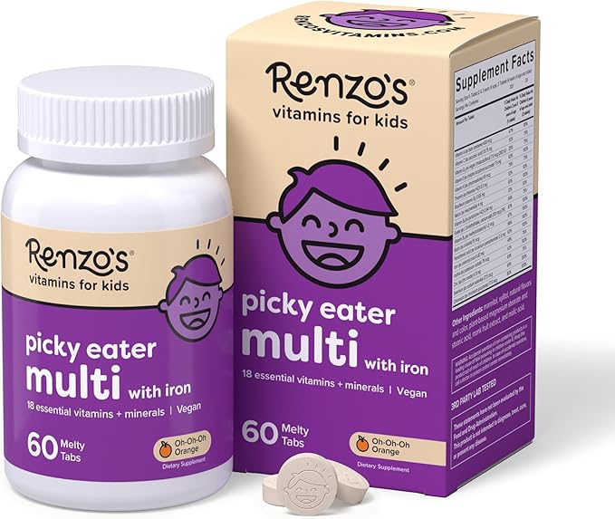 Renzo's Picky Eater Kids Multivitamin with Iron - Dissolvable Kids Vitamins with Iron, Zinc, Vitamin C, Vitamin D, E & K, Sugar-Free Melty Tabs, Orange Flavor, 60-Count (1-2 Month Supply)