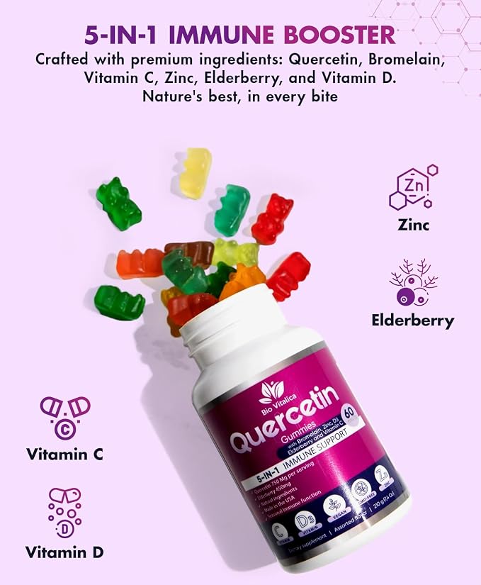 (3 Pack) Quercetin Gummies by BioVitalica - Quercetin with Bromelain Vitamin C and Zinc & Elderberry + Vitamin D3-5 in 1 Immune Support - Zinc Quercetin 750 mg for Kids and Adults