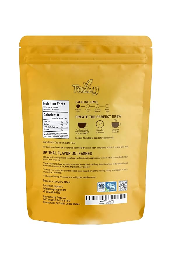 Tozzy Organic Ginger Tea – 100 Count, Plant-Based Pyramid Tea Bags – Packaging May Vary