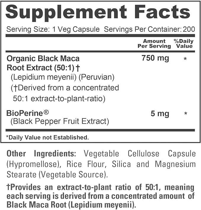 NusaPure Peruvian Black Maca Root, 750 mg, 200 Veg Capsules ((Non-GMO, Vegan)