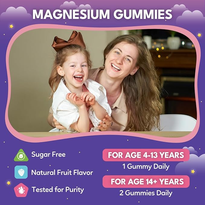 Magnesium Calming Gummies for Kids 4+ & Adults, Sugar Free Magnesium Supplement with L-Theanine, Chamomile, Vitamins B6, D3, K2, Zinc for Sleep, Relaxation, Focus & Muscle Support, Raspberry Flavor