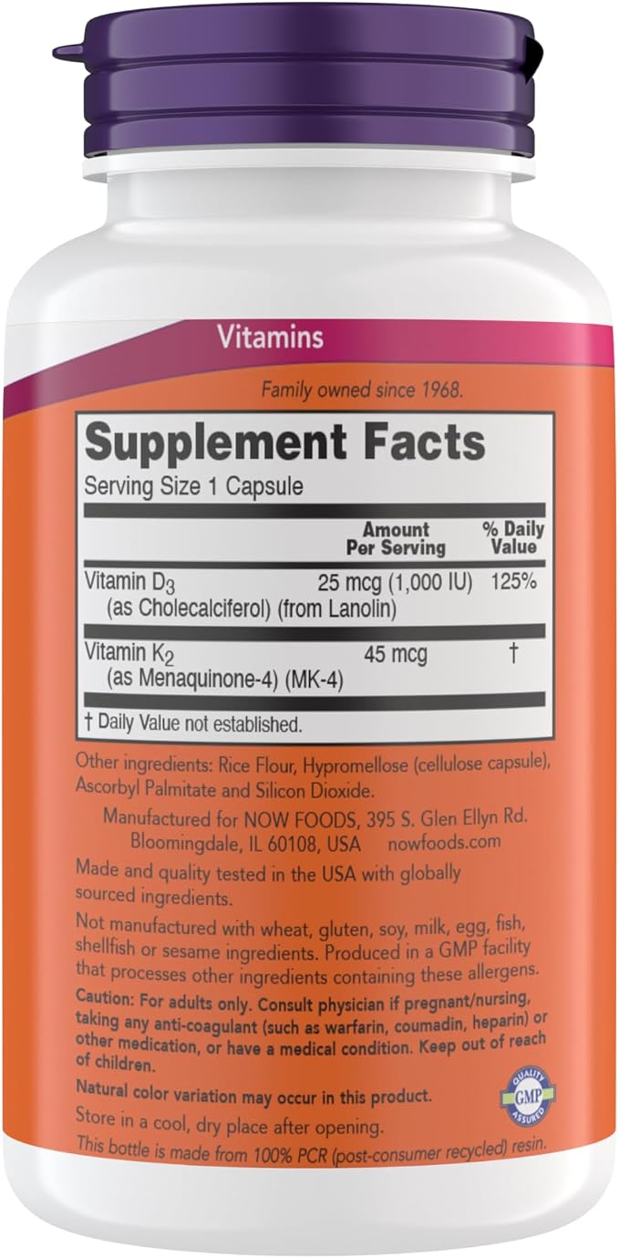 Now Supplements Vitamin D3 K2, 1,000 IU/45 mcg, Cardiovascular Support, Supports Bone Health, 180 Vegetarian Capsules - Vegan, Gluten Free, Kosher