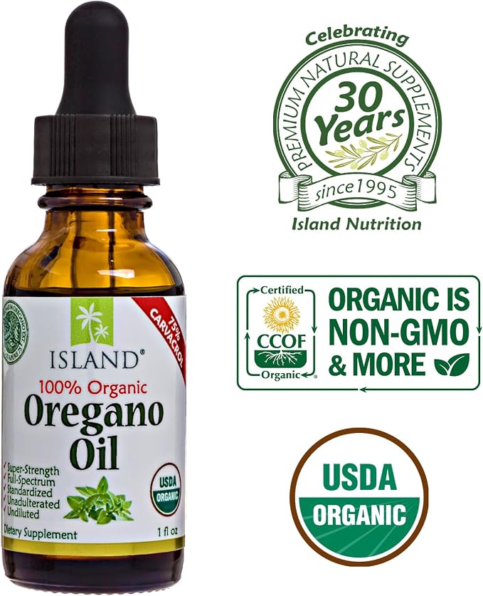 Island Nutrition, Oregano Oil Organic Liquid Drops - 100% Pure & Undiluted - USDA-Certified Organic (1 oz) 75% Carvacrol - Grown in Spain - Immune Support Supplement with Oil of Oregano.