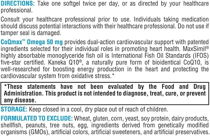 XYMOGEN CoQmax Omega 50 mg - Dual-Action Heart Health Support - CoQ10 Plus Fish Oil Omega-3 - MaxSimil Monoglyceride EPA DHA - Enhanced Absorption - 120 Softgels