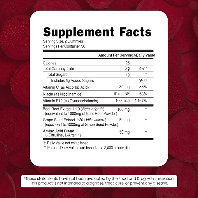 Beet Root Gummies - Super Nitric Oxide Beets Supplement - Red Beetroot Heart Chews with Grape Seed Power & B12- Pomegranate Flavor, 60 Chewables Beets